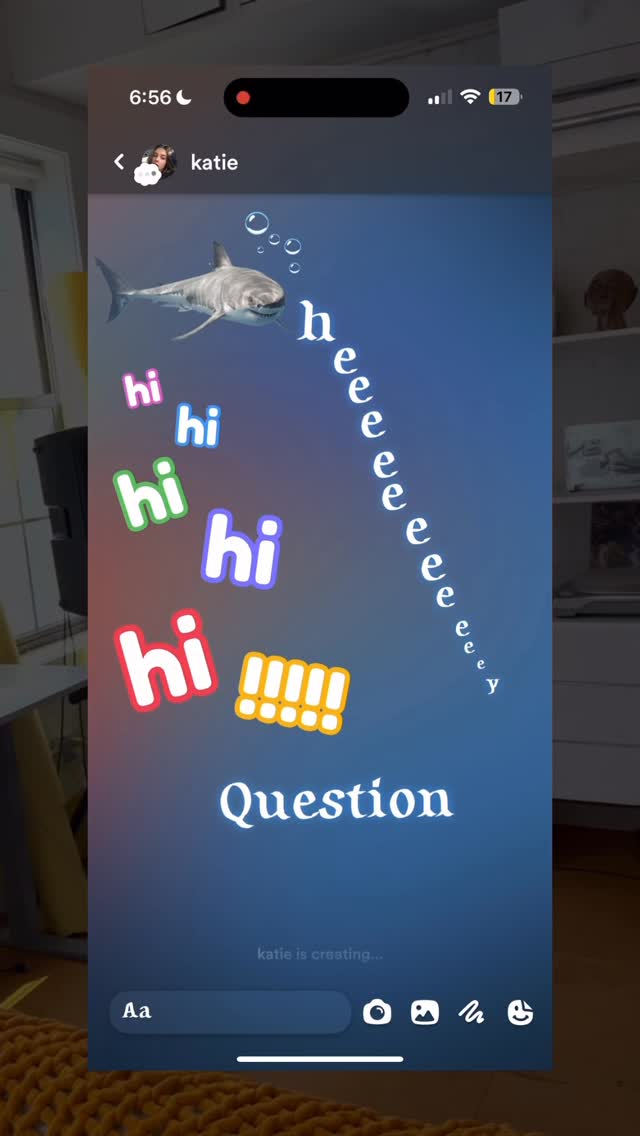 A vertical mobile phone screenshot from a social media story. The background is a gradient of blue from top to bottom. In the upper left corner is a shark illustration, above a collection of 'hi' labels in various colors. The letter 'e' is repeated down the right side and a question mark label with the question 'Question' is at the center of the frame.