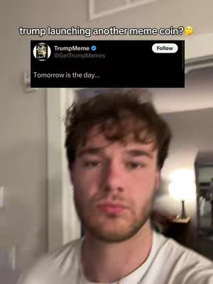 A young man is centered in the frame against a blurred background. Above him is a black rectangular panel. Inside this panel, there is a Twitter screenshot of Donald Trump's Twitter account, TrumpMeme.