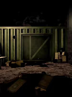 The cover image is a dark, indoor scene suggestive of a game environment. The main focus is a rectangular, corrugated metal structure with a closed door and a round opening on its side. In front of the structure is a rough, dirt-like ground and a few wooden crates, hinting at a storage or outdoor setup. The lighting is dim, with shadows that suggest a mysterious atmosphere.