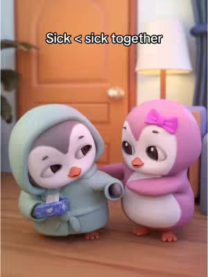 The cover art features two animated penguin characters. One, in a teal hoodie and holding a small blue box (possibly tissues), looks slightly unwell. The other, a pink penguin with a pink bow, is reaching out as if offering support. The background shows interior design and colors suggesting warmth and comfort.