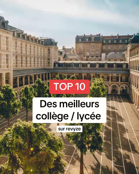 The cover image showcases an architectural shot of a European-style building complex on a sunny day. The buildings are composed of light-colored stone or stucco, with multiple floors, rows of windows, and intricate architectural details. The composition is a mix of interior courtyards and exterior facades, conveying a sense of space and order. Green trees are dispersed throughout the courtyards, adding a touch of nature. The image has text overlays that include "TOP 10" in a red box, and below that is the text "Des meilleurs collège / lycée sur revyze".
