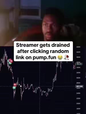The cover image features a split view. The top half shows a man with a surprised expression, likely a streamer, looking directly at the camera. The bottom half displays a stock chart related to cryptocurrency; key points on the chart are highlighted with colored circles, possibly indicating buy/sell points. Text overlay explains that the streamer was drained after clicking a random link on pump.fun