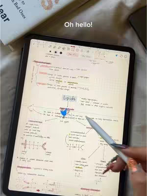 The cover image shows a close-up view of a study session. On the top, a book with the title "... Bad Ones" is partially visible. Below, a black tablet displays handwritten notes about “Lipids” with diagrams. A hand holding a stylus enters from the right, pointing at the screen.