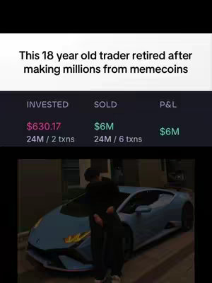 The image shows a screenshot with text and an image of two people hugging in front of a blue luxury car. The text says that an 18-year-old trader retired after making millions from memecoins.