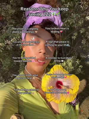 A woman with a headscarf and green top is the central figure, surrounded by lush greenery. The image is overlaid with text bubbles containing affirmations, and a large yellow flower is positioned near her face.