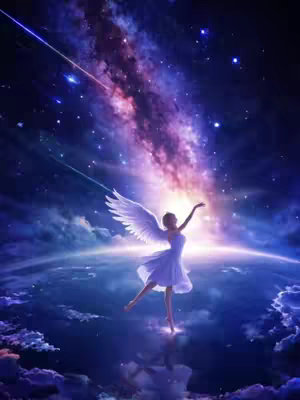 An ethereal image depicts an angelic figure with outstretched arms, wearing a flowing white dress and feathered wings. She appears to be dancing on a glowing sphere, set against a backdrop of a vast, swirling galaxy and starry sky. The color palette is dominated by blues, purples, and whites.