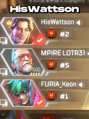 The image is a game over screen from Apex Legends. In the top are the words "HisWattsson" in large white text. The images below show three players in the match, with details like names, and their ranking in a triangular window. The overall composition features a dark background, with a gold and red color palette to highlight the details.