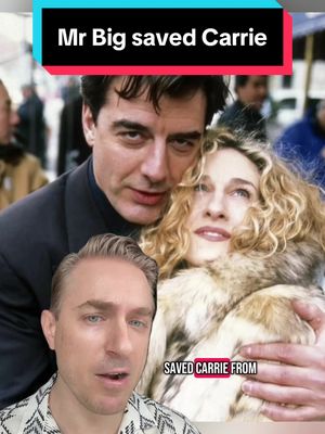 The cover image features a split-screen. The background showcases a scene from Sex and the City with Carrie Bradshaw being embraced by Mr. Big with a red rectangle that says "Saved Carrie From". Overlaid on the bottom it shows a male creator in a white shirt and black jacket, speaking to the camera.