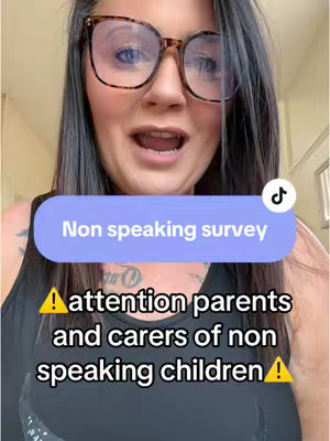 A woman with dark hair and glasses is looking directly at the camera with an open mouth. Overlaid text includes a survey title and an attention message. The background is a softly lit interior.