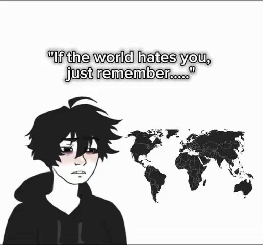 A cover image featuring a distressed cartoon figure with dark hair, wearing a black hoodie, looking downwards with a sorrowful expression. To the right is a grayscale world map. Above the figure is the text overlay in white.