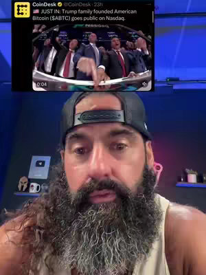 The cover image is a split screen. The top half shows a cropped screenshot of a CoinDesk post, featuring a group of men in suits seemingly celebrating. The bottom shows a close-up of a man with a beard and black cap.