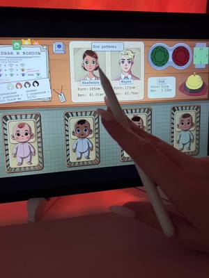 A person uses a stylus to interact an iPad. The screen displays a game interface with character portraits and baby illustrations. The background is a soft pink and the lighting is neutral.