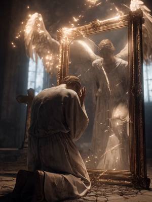 A digital artwork depicts a person kneeling in a somber posture before a mirror. The person, dressed in simple, light-colored robes, obscures their face with a hand, conveying grief or reflection. The mirror reflects an angel figure with large, glowing wings, suggesting a spiritual or celestial presence. Light emanates from the angel and the surrounding area creating a halo effect, with blurred bokeh-like sparks. The scene is set in what appears to be a dimly lit, gothic-style interior, with a faint crucifix visible in the background, enhancing the religious theme of the image.
