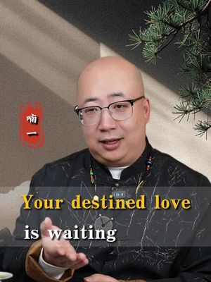 A man with glasses in a black shirt gestures with his hand, with text that says 'Your destined love is waiting'. He is in front of a blurry background with a Chinese style sign above his shoulder on the left.
