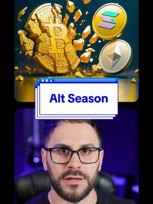 The cover image is a split-screen. The top half features a graphical representation with a Bitcoin coin that is breaking apart, with other coins (Ethereum and Solana) in the air. A white window with blue borders displays the text "Alt Season". The bottom half features a man with glasses, looking at the camera.