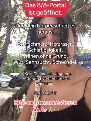 A selfie-style video cover shows a woman in a black top with a beach and trees visible in the background. Overlay text in various colors is present, discussing the 8/8 portal and related experiences like headaches and sleeplessness.