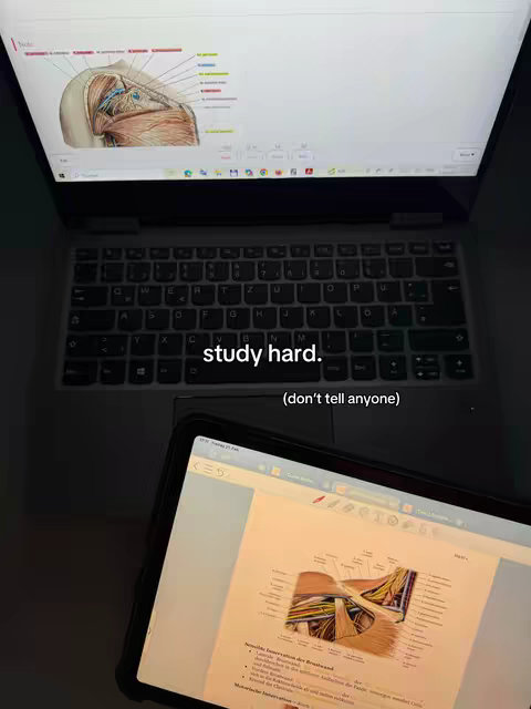 The cover photo shows a laptop on which a medical diagram is displayed, and a tablet in the foreground with a diagram and text. The text overlay reads 'study hard' and '(don't tell anyone)'.