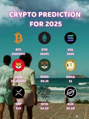 Two figures are walking on a wooden walkway on the beach side, with a teal background, and crypto currency logos and predictions floating in the air.