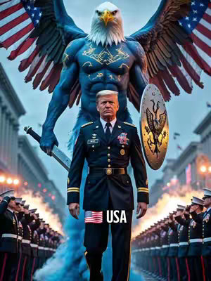 A stylized image features a person that looks like Donald Trump in a military uniform, striding forward. Behind Trump is a large, muscular, humanoid eagle with outstretched wings. The eagle is blue with the American flag incorporated into its wings. A large sword dangles on the eagle’s side, and the eagle has a shield. Below Trump are lines of soldiers saluting. The background suggests a parade setting with buildings and lights.