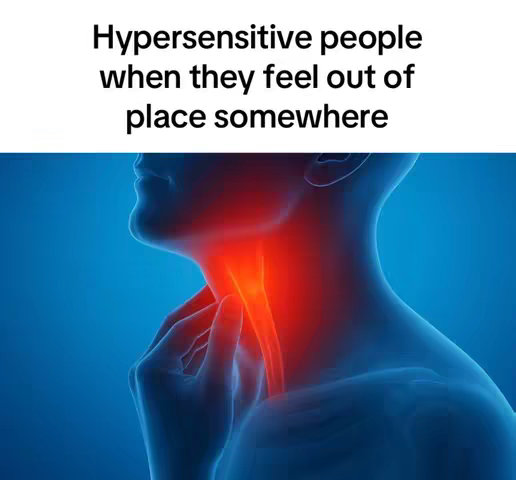 The image shows a 3D-rendered medical illustration of a human neck and chest. It's viewed in profile against a blue backdrop. Highlighted in red is the neck and throat area, which is indicative of pain. A hand is visibly touching the neck. Above, white text in a bold, sans-serif font reads, "Hypersensitive people when they feel out of place somewhere."