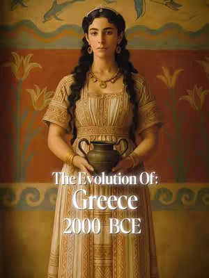 An illustrated cover image depicting a woman in ancient Greek attire holding a vase. She stands centered with a serious gaze, and a backdrop of stylized wall art. The image's color palette is warm, with earthy tones and a soft artistic rendering style.