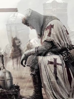 The cover image shows a medieval knight kneeling, head bowed, in a contemplative pose. He is wearing chainmail and a white surcoat with a red cross. In the background, a blurred image of a knight on horseback and other figures, creating a sense of depth and possibly a battlefield setting. The color palette is muted, with tones of gray and brown, adding to the somber and reflective mood.