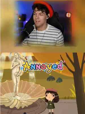 The cover image is split in two halves. The top half features a man in a striped shirt, beret, and a headset, looking towards the left side of the screen. The bottom half is a scene from the game 'Little Misfortune', showing a cartoony scene with a statue of Venus, a sidewalk, a girl in a coat and beret, and the word 'Annoyed' overlaid on the image.