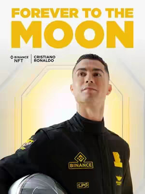 The cover image features Cristiano Ronaldo in an astronaut-like outfit. The text overlay reads 'FOREVER TO THE MOON' in yellow. The Binance and CR7 logos are also present. The background suggests a futuristic space with golden lighting.