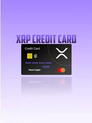 The image features a credit card design against a gradient background. The card, in a slightly angled perspective, displays the XRP logo on the right and the words "Credit Card" at the top. Below, there's a series of asterisks, similar to obscured card numbers, and an expiration date. The text "XRP CREDIT CARD" is overlaid above the card in a stylized font.