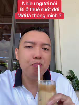 A man sits in a well-lit space, enjoying an iced coffee. The cover image features a red rectangular text overlay at the top that contains a question-style statement. The man is wearing a white collared shirt with navy detailing and appears to be mid-sip with a straw in his mouth.