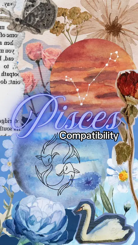 A stylized, watercolor-esque collage in shades of blue, pink, orange, and white. The central focus is the word "Pisces" in a wavy, blurred font. Below this the word "Compatibility" is placed in a smaller, bold font. The background is a mix of floral and celestial elements including watercolor blotches, line art, and illustrated constellations, conveying an astrology theme.