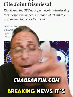 The image shows a man in glasses talking to the camera, with a news article about XRP in the background and text overlays. The man is in the foreground seemingly excited with his hand raised. The text provides context with the article headline, while the overlays highlight breaking news.