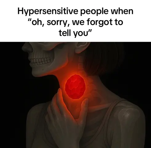 A digital illustration showing a partial skeleton overlaid on a person's body. The throat and neck are highlighted with a glowing red area. Text appears in white at the top.