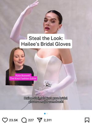 The image shows Hailee Steinfeld in a white wedding dress and long white gloves, posing for the camera. There is text overlayed on the image. A smaller image of a woman with dark hair is in the lower left corner.