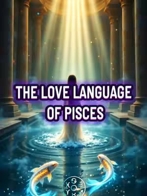 A digital art piece featuring an ethereal scene with a figure standing in a pool, bathed in golden light. Two fish swim toward a zodiac symbol at water-level. The words "THE LOVE LANGUAGE OF PISCES" are overlaid in a rectangular bar.