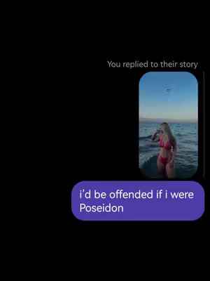 The cover shows a vertical Instagram story with a beach scene superimposed on a black background. The story bubble contains a selfie-style image of a woman in a pink bikini standing in the ocean at sunset. A text bubble at the bottom includes white text on a purple background that reads:  "I'd be offended if I were Poseidon."