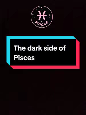The cover image is a vertical graphic with a dark background. In the top center is a circular logo with a Pisces symbol inside, outlined in pink. Below the logo is a rectangular box with a cyan top border, a red bottom border, and the text "The dark side of Pisces" in white.
