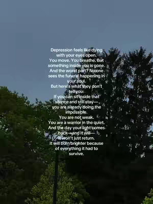 The image is vertically oriented, featuring a backdrop of a slightly overcast sky. In the foreground and framing the sides, vibrant green foliage from trees is visible. Centered within this natural frame is a series of white text lines, likely a poem or motivational piece. The text is overlaid on the natural scenery, creating a contrast between the organic and the textual elements.