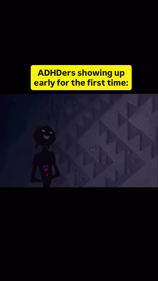 An animation shows a shadowy figure with a large head and a mischievous expression. The figure has stick-like limbs and is positioned in front of a patterned background. A text overlay in a yellow box reads, "ADHDr showing up early for the first time:"