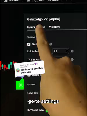 The cover image shows a close-up of a screen displaying a trading application with the text overlay indicating the key steps of using an indicator, and a finger pointing at the Inputs option.