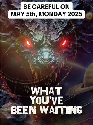 The cover image features a mystical dragon-like creature with glowing red eyes at the center. Above the creature, a white banner displays the text 'BE CAREFUL ON MAY 5th, MONDAY 2025'. Below, large, bold text reads 'WHAT YOU'VE BEEN WAITING.' The background consists of a nebula-like scene with planets and celestial bodies, incorporating a zodiac circle.