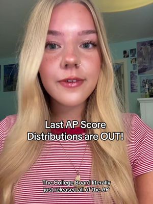 A young woman with long blonde hair and fair skin is centered in a selfie-style video. She wears a red and white striped shirt and a silver necklace. Text overlays that say: 'Last AP Score Distributions are OUT!' and 'The College Board literally just released all of the AP'. The background is slightly blurred, suggesting an indoor setting. The overall composition is simple and focuses on the subject's face.