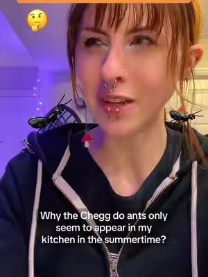 A female in a black hoodie is shown in a close-up shot, framed from the chest up. The background seems to be a room partially lit with purple lighting. Two cartoonish black ants are superimposed onto the image, one on her shoulder and another hovering near her head. Text is overlaid asking why ants appear only in the kitchen during summertime, along with a thinking emoji. The woman appears to be looking slightly off-camera.