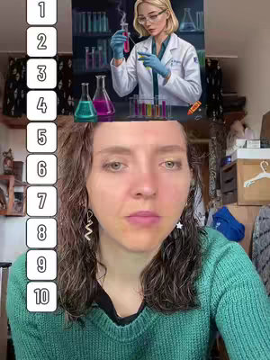 The cover image is a vertical split composition combining an AI-generated illustration with a selfie. The top part features an illustration of a woman in a lab coat, holding a test tube over various flasks, symbolizing science or research. Below, the bottom half displays a selfie of a woman with curly brown hair, a green sweater, and a neutral expression. The number sequence (1-10) appears on the left, as a visual marker. The layout is intended to contrast an artificial and real portrait setup. The color palette is dominated by cool tones. The background has decorative elements and other items