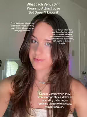 A woman with long brown hair is centered in the frame, looking slightly to the side with a neutral expression. Overlayed text provides fashion and astrological insights. The background is blurred, featuring a glimpse of an interior space.