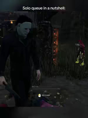 The cover image is a screenshot from the game Dead by Daylight. In the foreground, a character (Michael Myers) in a white mask is walking forward, holding a knife. The background is a forest and a structure.
In the background, there is a red and black figure.