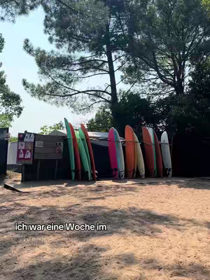 The image features a collection of surfboards leaning against a wooden structure in a sandy beach setting, with trees in the background. The surfboards are of various colors, and the sky is clear and blue. The text overlay in the bottom left corner says "ich war eine Woche im".