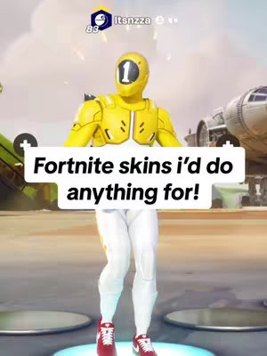 The image features a character from the game Fortnite, styled in yellow and white. The character has a helmet with a number one on it, and red and white sneakers. The background appears to be a game setting, possibly a futuristic environment.
