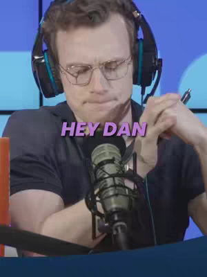A man with glasses and headphones is in front of a microphone with overlaid text "HEY DAN". The background is blurry, with blue and white circles.