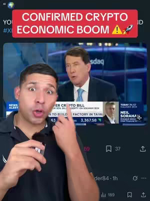 The image is a selfie-style video with a man in the foreground gesturing towards a screen, and an overlay with text. The main subject, a man with short dark hair, is positioned off-center on the left side, wearing a dark polo shirt, with an open mouth and wide open eyes and pointing. Behind him, a split screen features two separate sections. The top section shows a man in a suit speaking in front of a blue background, likely a news scene with the text. The bottom section is labeled as "FACTORY IN TAIW" below some numerical values.Above the main subject are red-filled and text overlay that reads "CONFIRMED CRYPTO ECONOMIC BOOM!" with an attached rocket ship icon; the scene appears to be indoors, lit by overhead lighting.